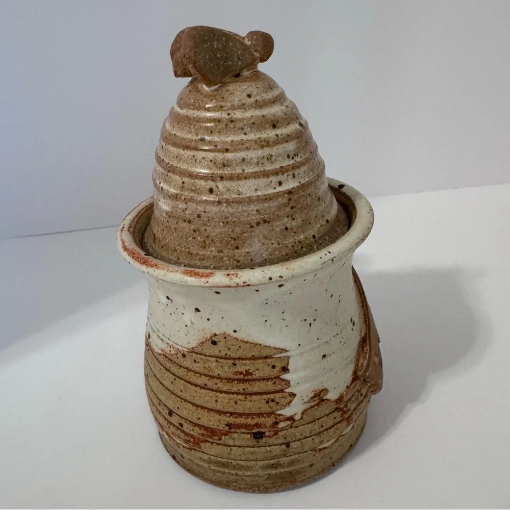 Vintage Wagner Village Pottery Honey Pot Jar Wood Dipper Signed Stoneware Lidded
